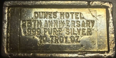Dunes Hotel, 10 troy Ounces, Logo side (Blank) Silver Bar (bDUlvnv-001-L)
