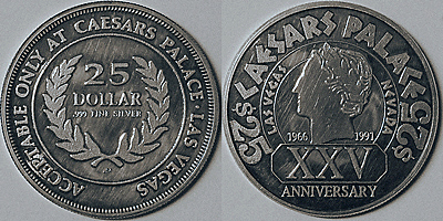 Wreath, 25 Dollar, Caesar's Palace 25th Anniversary Token (tCPlvnv-009)